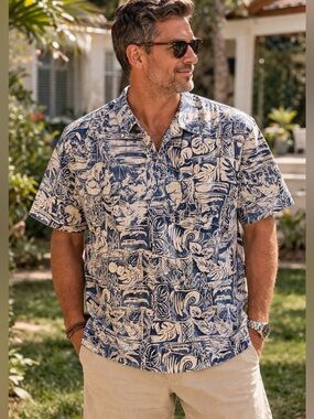 Vintage Hawaii Men’s Aloha Shirt 1980’s blue Tropical large popover Malihini
